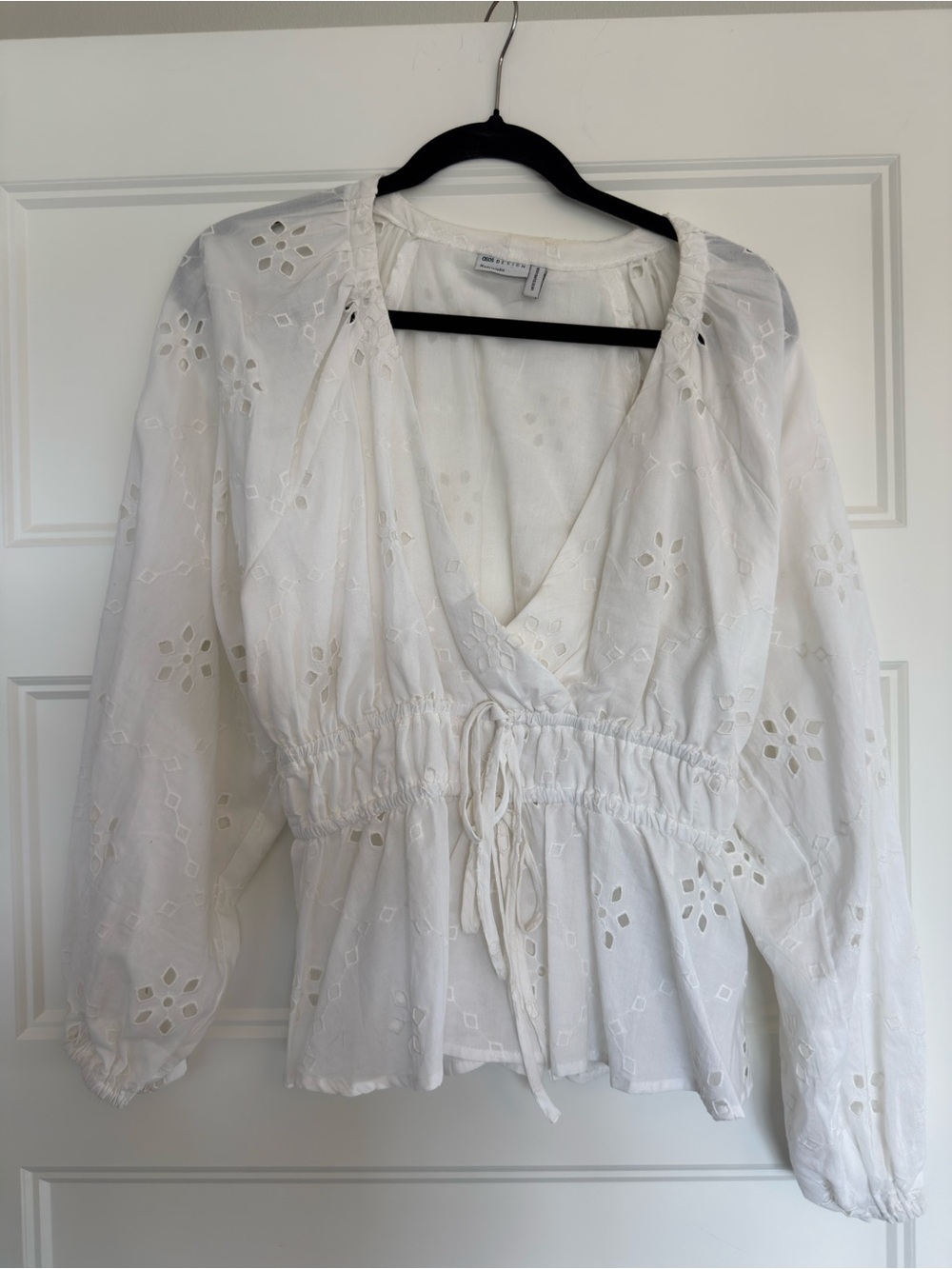 ASOS White Eyelet Cotton Drawstring V-Neck Blouse
